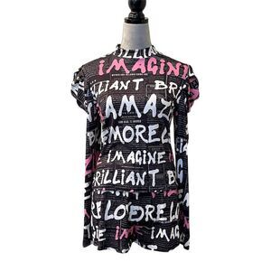 MM Women's Multicolor Graphic Print Short Set Puff Sleeve L Casual Y2K Stretch